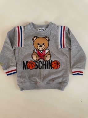 Moschino Kids Grey Teddy Bear Basketball Pullover with Red & Blue Trim
